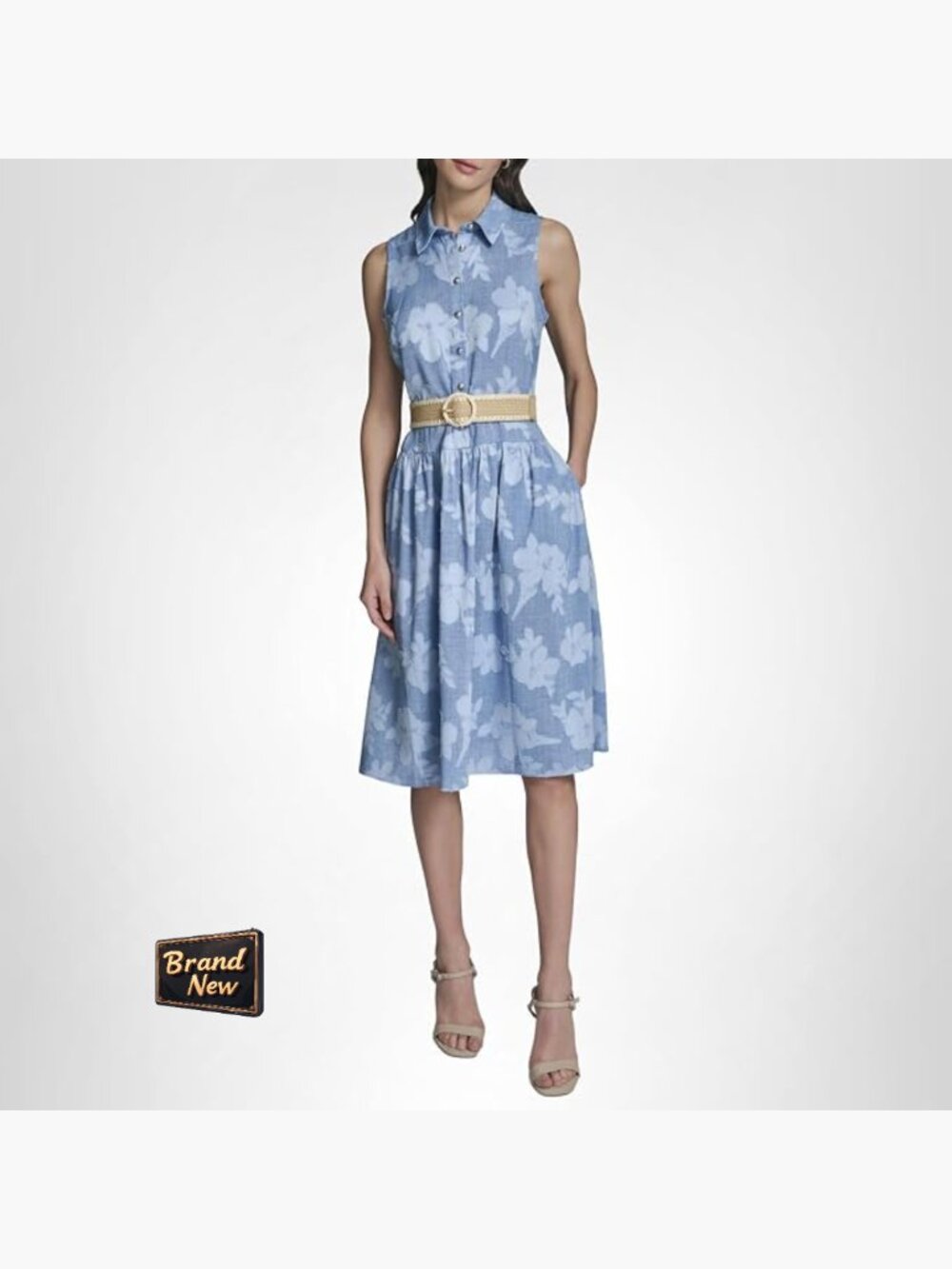 Sleeveless Floral Denim Midi Dress with Belt